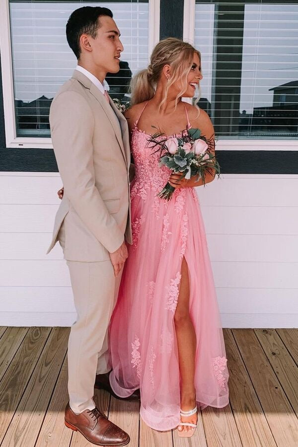 Princess Prom Dress Scoop Neck Spaghetti Straps Crisscross Pink Lace Tulle Slit
