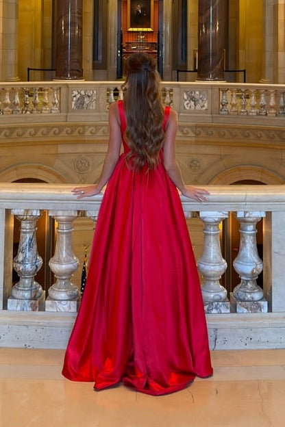 Red A-Line Straps Empire-Waist Sleeveless Satin Ruched Prom Dress