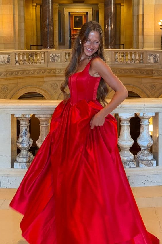 Red A-Line Straps Empire-Waist Sleeveless Satin Ruched Prom Dress