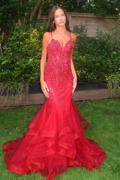 Spaghetti Straps V-Neck Appliques Ruffles Long Prom Dress