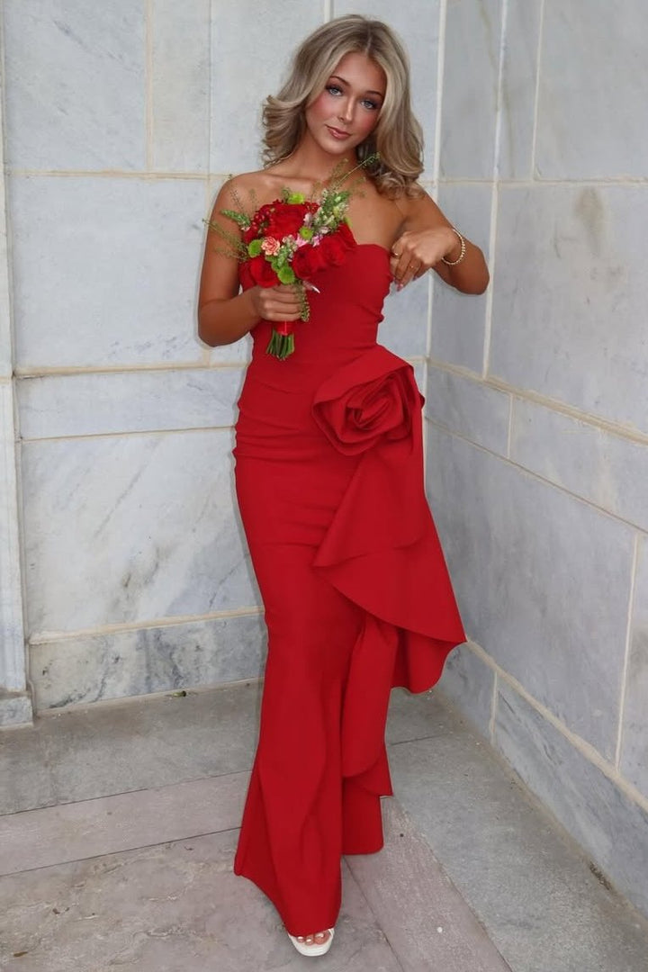 Strapless Ruched 3D Flower Satin Long Prom Dress Red