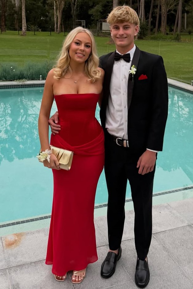Strapless Scoop Neck Twist Sleeveless Long Prom Dress Red