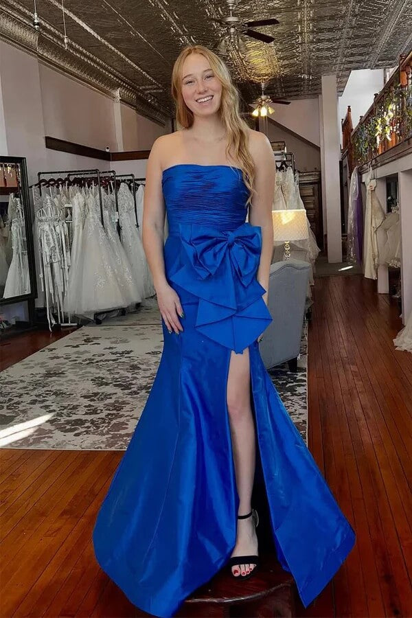 Mermaid Satin Pleated Sleeveless Long Prom Dress with Slit and Bow