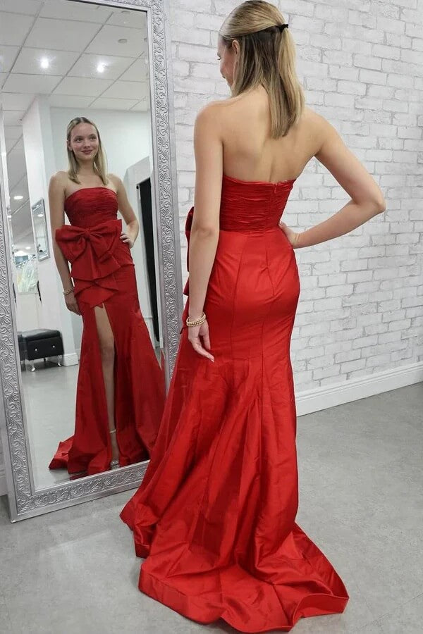 Mermaid Satin Pleated Sleeveless Long Prom Dress with Slit and Bow