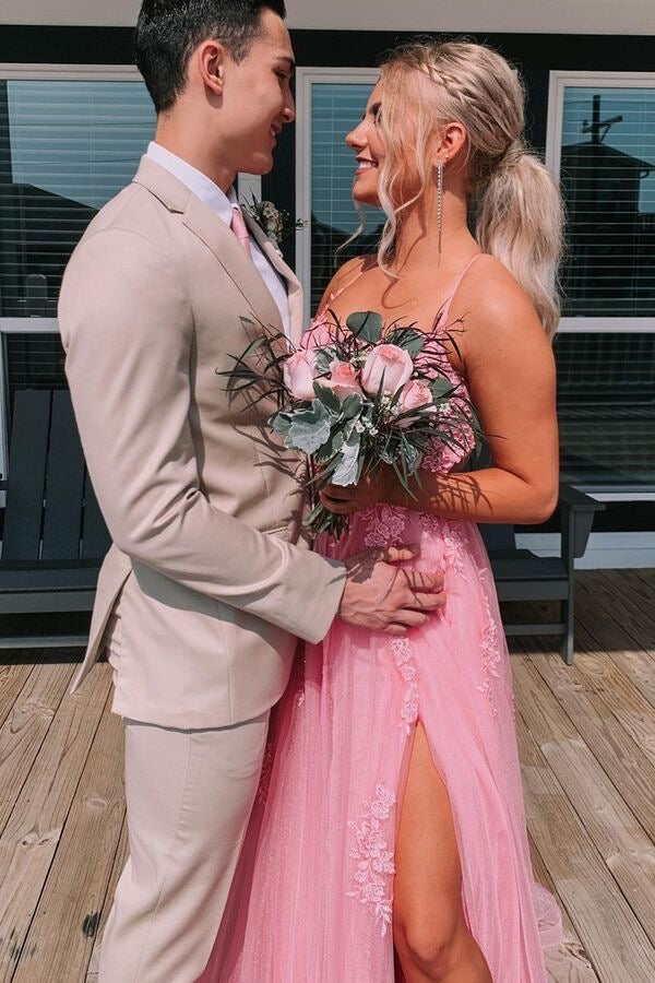 Princess Prom Dress Scoop Neck Spaghetti Straps Crisscross Pink Lace Tulle Slit