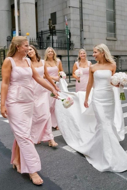 Sheath Bridesmaid Dress Straps Square Neck Pink Satin Sleeveless Long Pockets