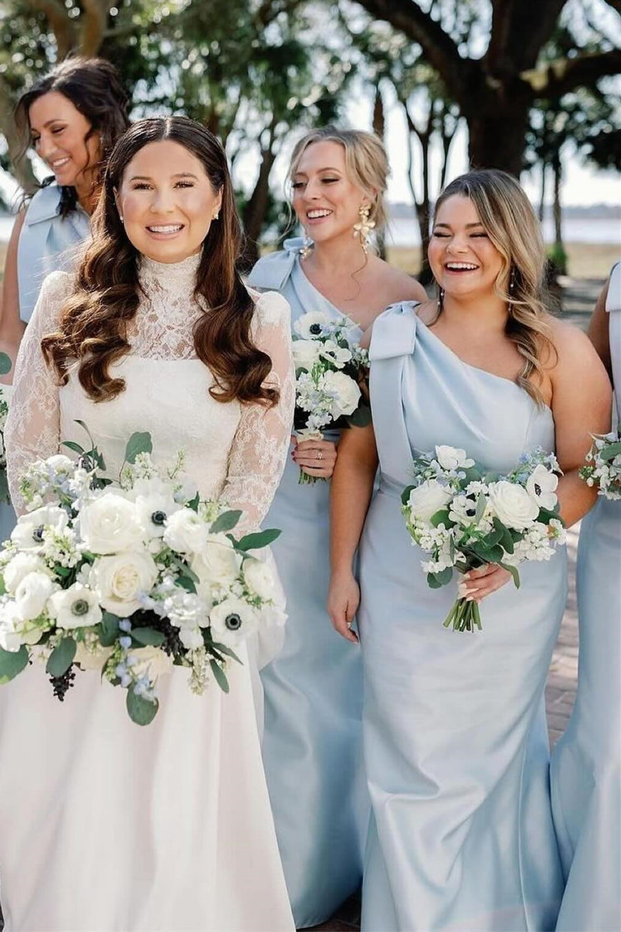 Mermaid Bridesmaid Dress Light Blue Satin One Shoulder Bow Strap Floor Length