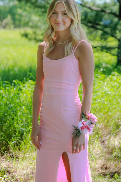 Pink Satin Spaghetti Strap Sleeveless Long Prom Dress With Slit