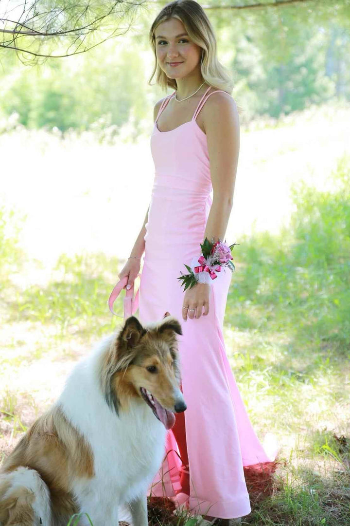 Pink Satin Spaghetti Strap Sleeveless Long Prom Dress With Slit
