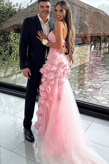 Strapless A-Line 3D Flower Side Slit Long Formal Prom Dress
