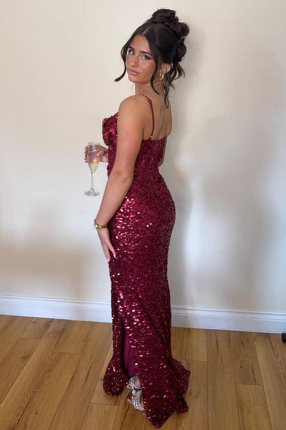 Burgundy V-Neck Sequined Long Prom Dress with Spaghetti Straps