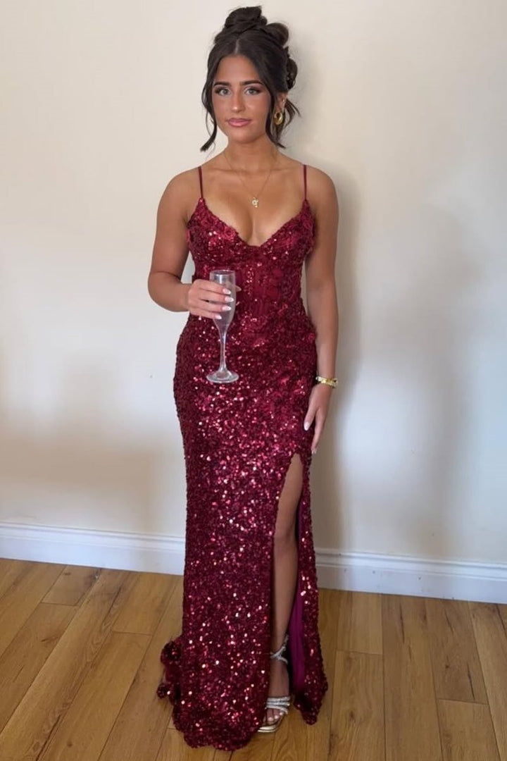 Burgundy V-Neck Sequined Long Prom Dress with Spaghetti Straps