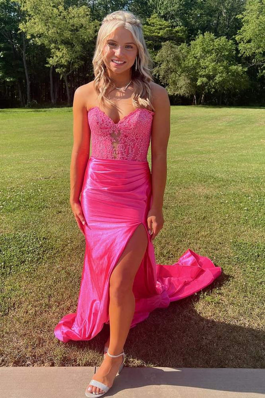 Strapless Prom Dress Sweetheart Beaded Purple Satin Floor Length Sweep Train, Slit