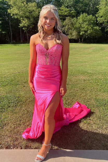 Strapless Prom Dress Sweetheart Beaded Purple Satin Floor Length Sweep Train, Slit