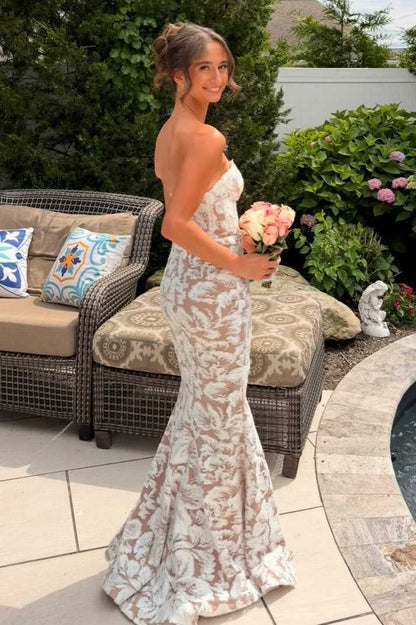 Strapless Lace Sleeveless Mermaid Long Formal Evening Gown