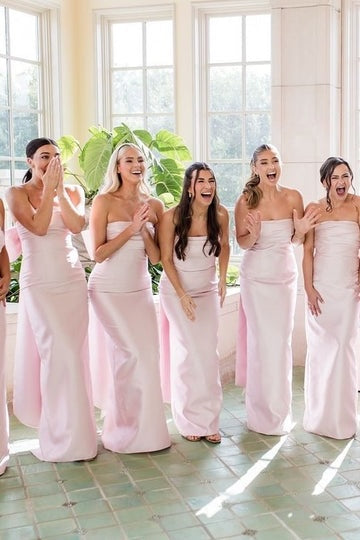 Strapless Bridesmaid Dress Pink Satin Straight Neck Pleated Long Big Bow Straps