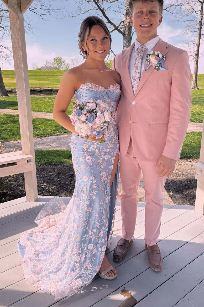 Strapless Sweetheart Lace Appliques Floral Mermaid Long Prom Dress