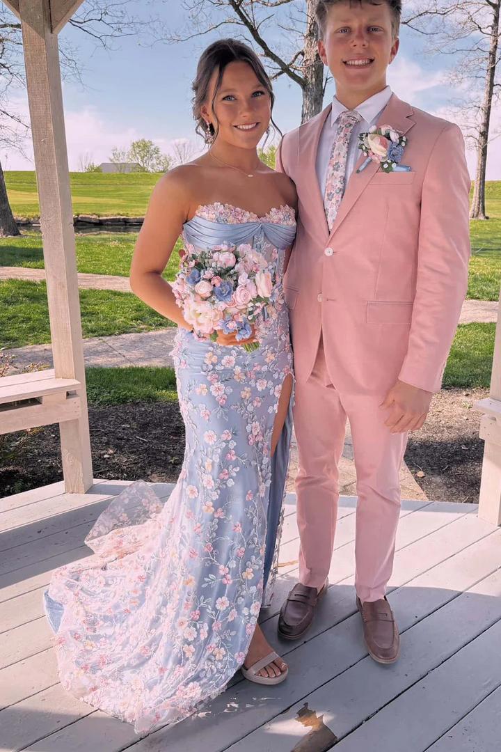 Strapless Sweetheart Lace Appliques Floral Mermaid Long Prom Dress