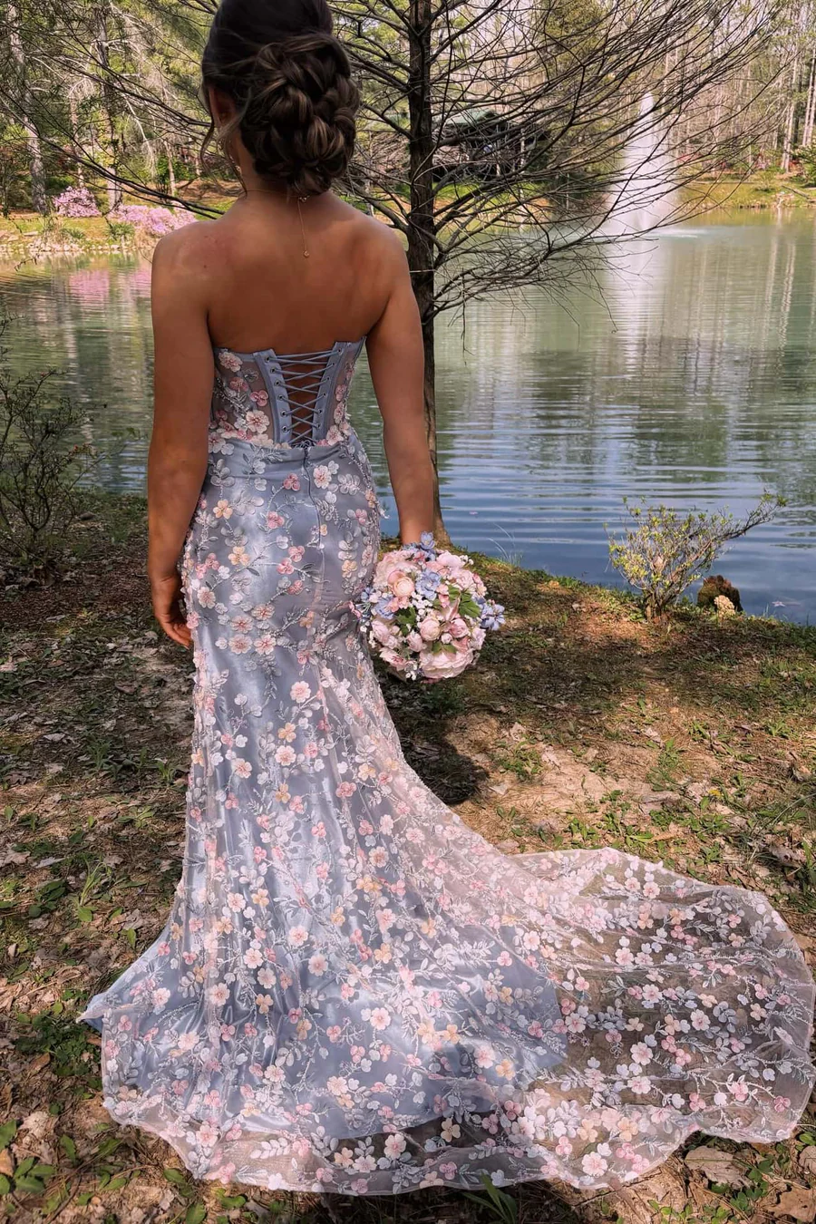 Strapless Sweetheart Lace Appliques Floral Mermaid Long Prom Dress