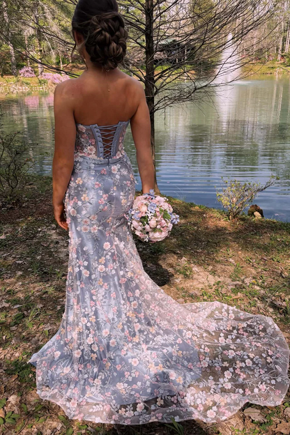 Strapless Sweetheart Lace Appliques Floral Mermaid Long Prom Dress
