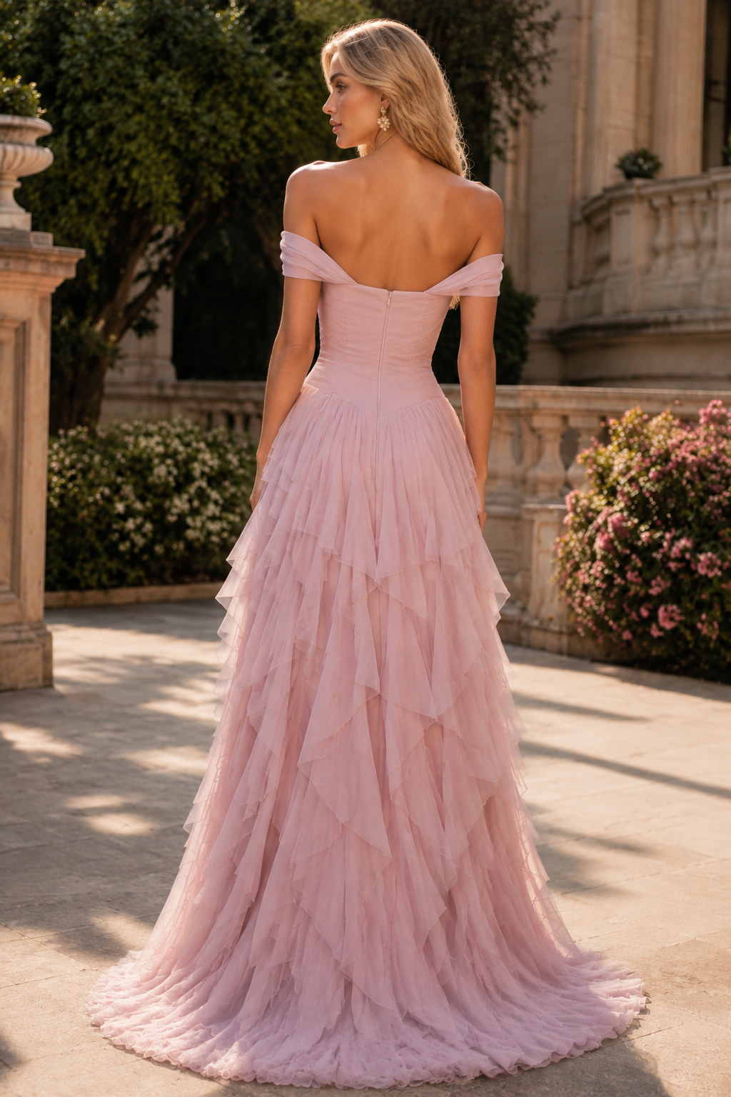 Pink Off-Shoulder Ruffles Tiered A-Line Sleeveless Prom Evening Dress