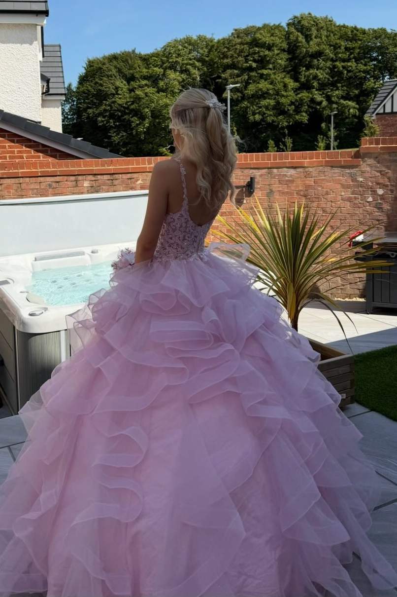 Elegant Spaghetti Strap Ruffled Tulle Long Formal Prom Dress