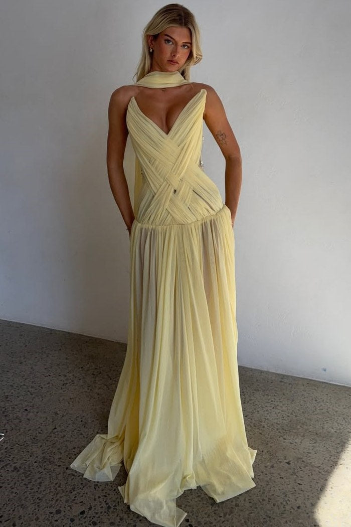 A-Line Strapless V-Neck Pleated Chiffon Long Prom Dress