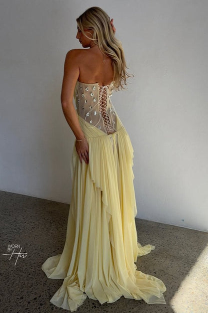 A-Line Strapless V-Neck Pleated Chiffon Long Prom Dress