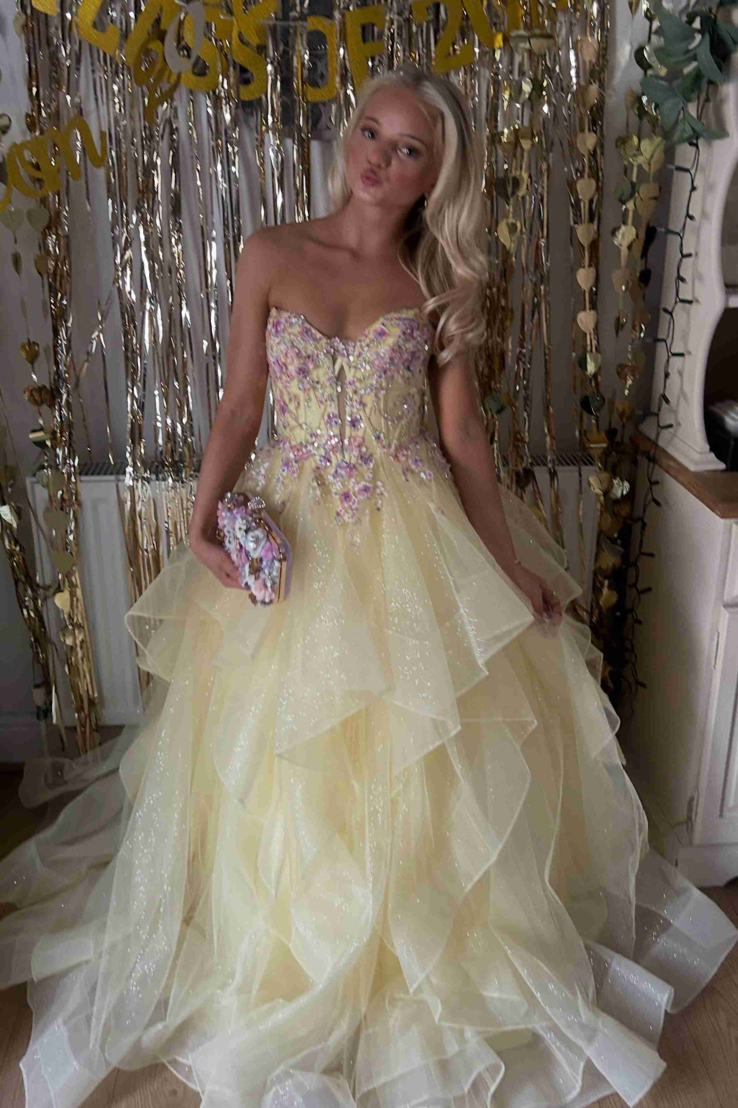 Yellow V-Neck Applique A-Line Ruffled Long Prom Gown