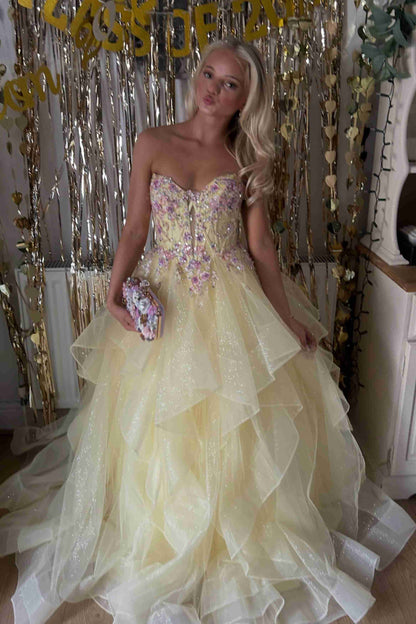 Yellow V-Neck Applique A-Line Ruffled Long Prom Gown