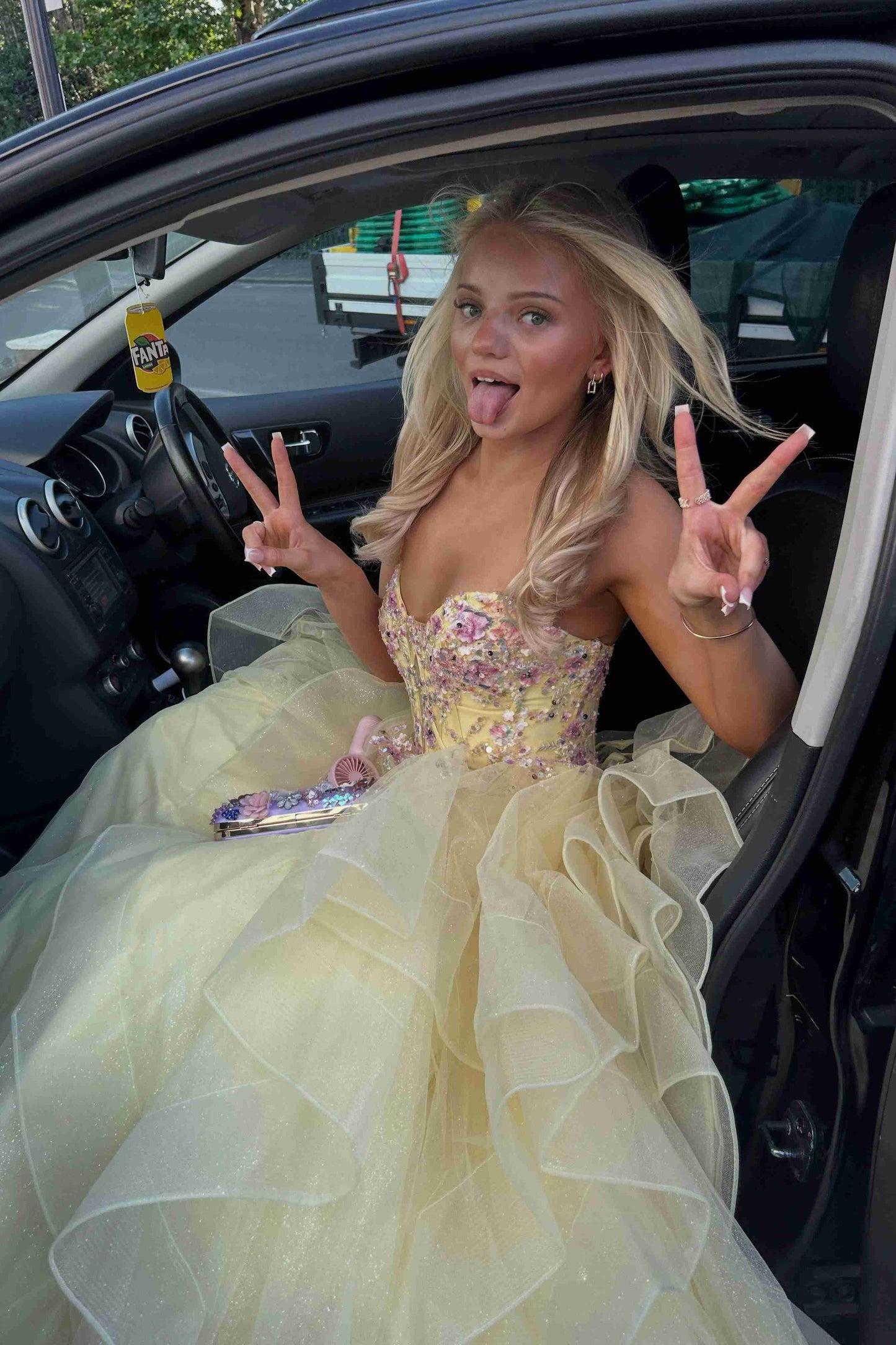 Yellow V-Neck Applique A-Line Ruffled Long Prom Gown