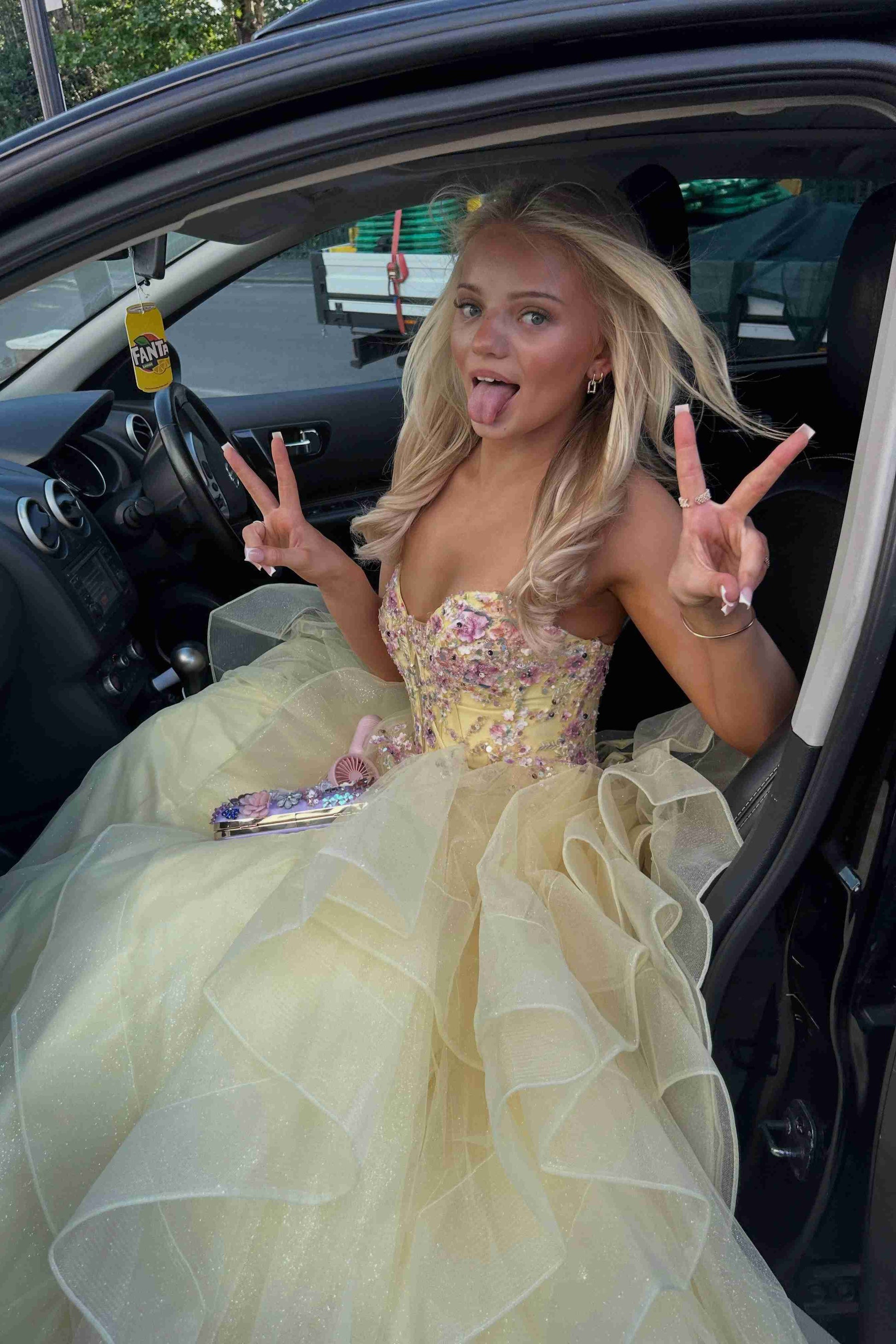 Yellow V-Neck Applique A-Line Ruffled Long Prom Gown