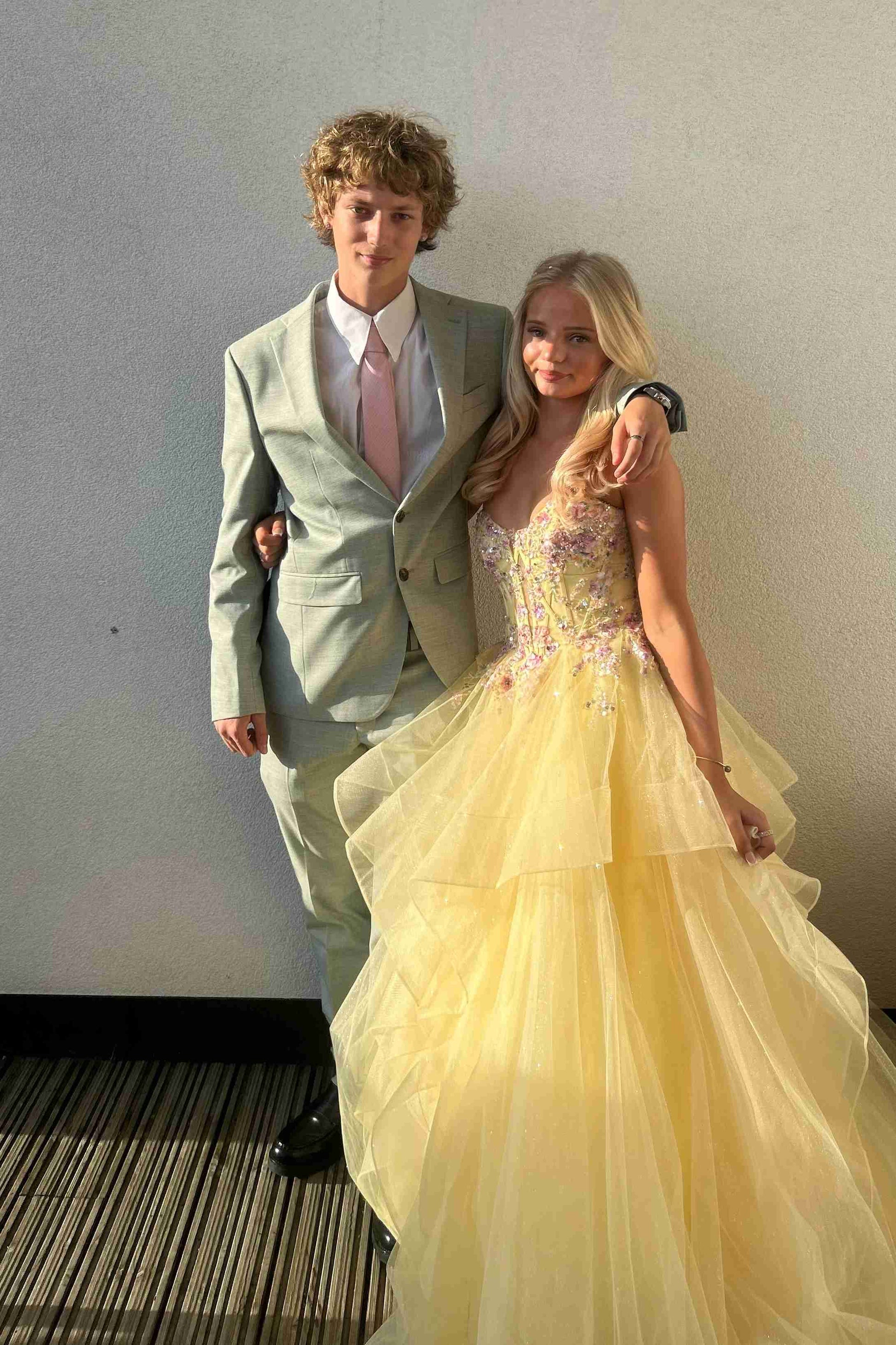 Yellow V-Neck Applique A-Line Ruffled Long Prom Gown