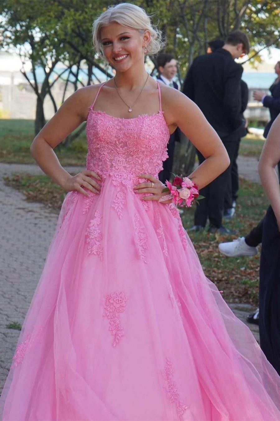 Princess Prom Dress Scoop Neck Spaghetti Straps Crisscross Pink Lace Tulle Slit