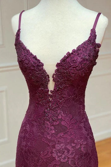 Mermaid Prom Dress Burgundy Lace Straps Crisscross Plunging Sweep Slit