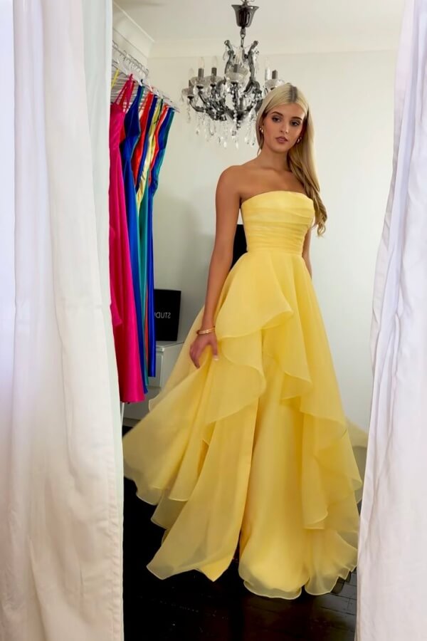 A-Line Strapless Ruffles Long Prom Dress with Slit