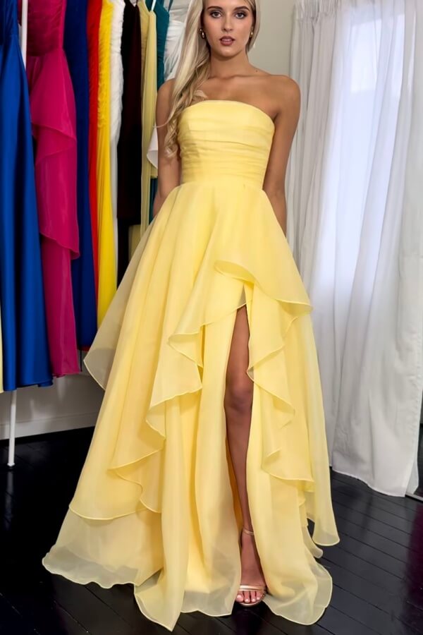 A-Line Strapless Ruffles Long Prom Dress with Slit