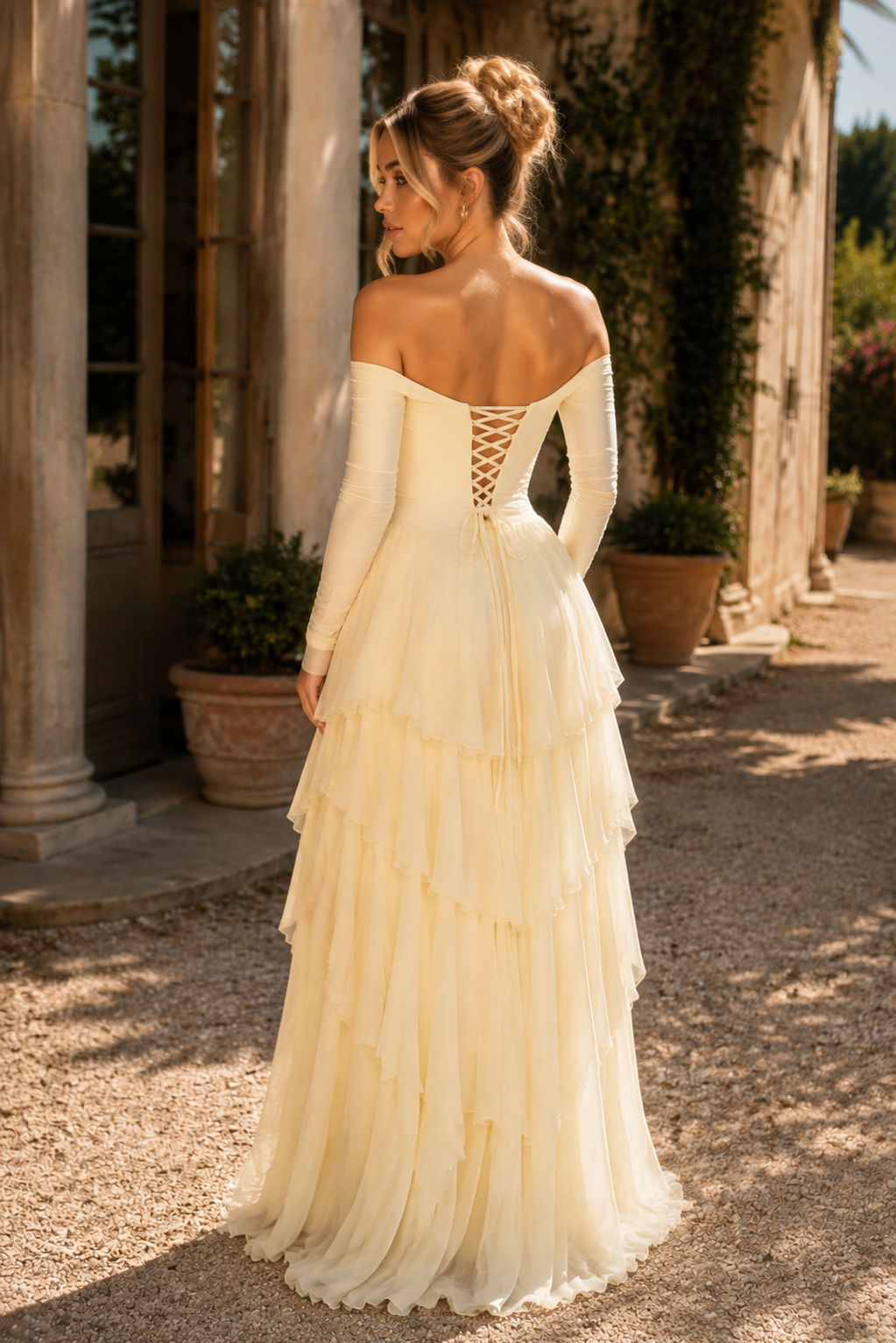 long sleeve yellow formal dress Prom Off-Shoulder Sleeves A-Line Ruffles, Slit wedding-guest-dress