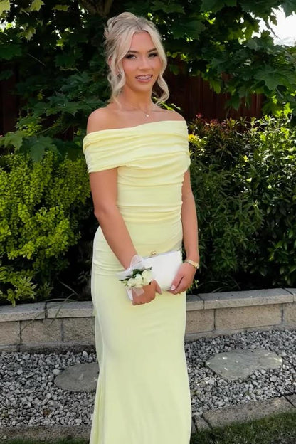 Yellow Off-Shoulder Satin Pleated Sheath Long Prom Formal Dress