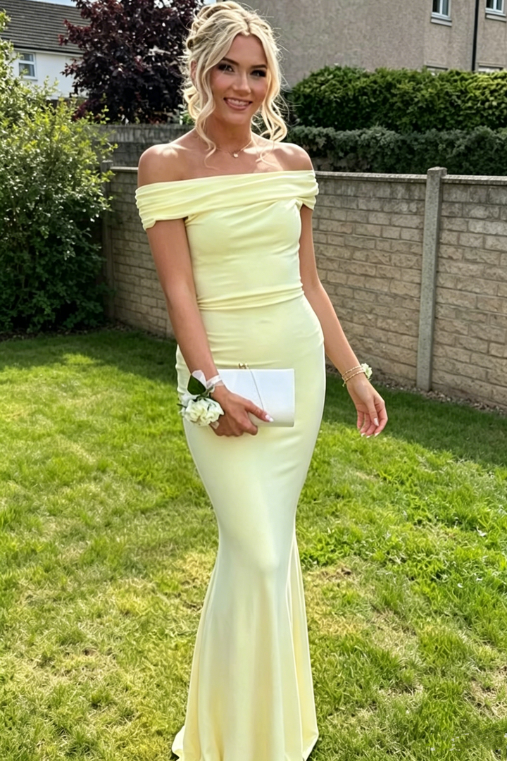 Yellow Off-Shoulder Satin Pleated Sheath Long Prom Formal Dress
