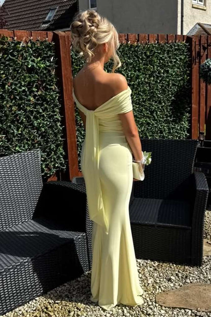 Yellow Off-Shoulder Satin Pleated Sheath Long Prom Formal Dress