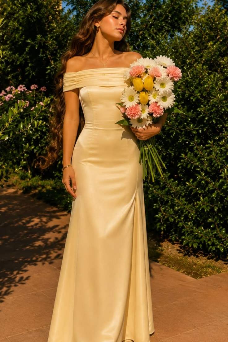 Yellow Off-Shoulder Pleats Satin Long Prom Evening Dress