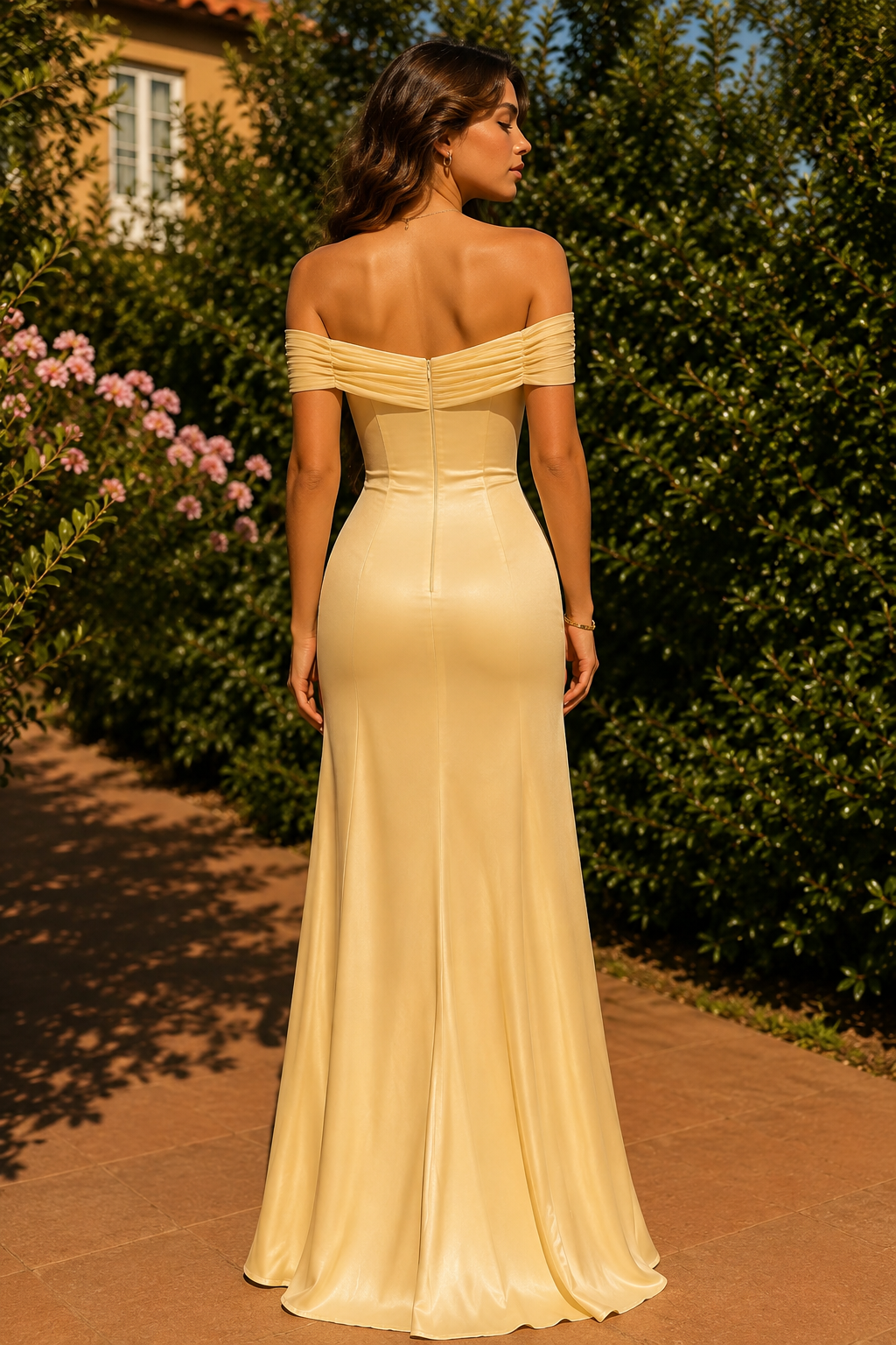 Yellow Off-Shoulder Pleats Satin Long Prom Evening Dress