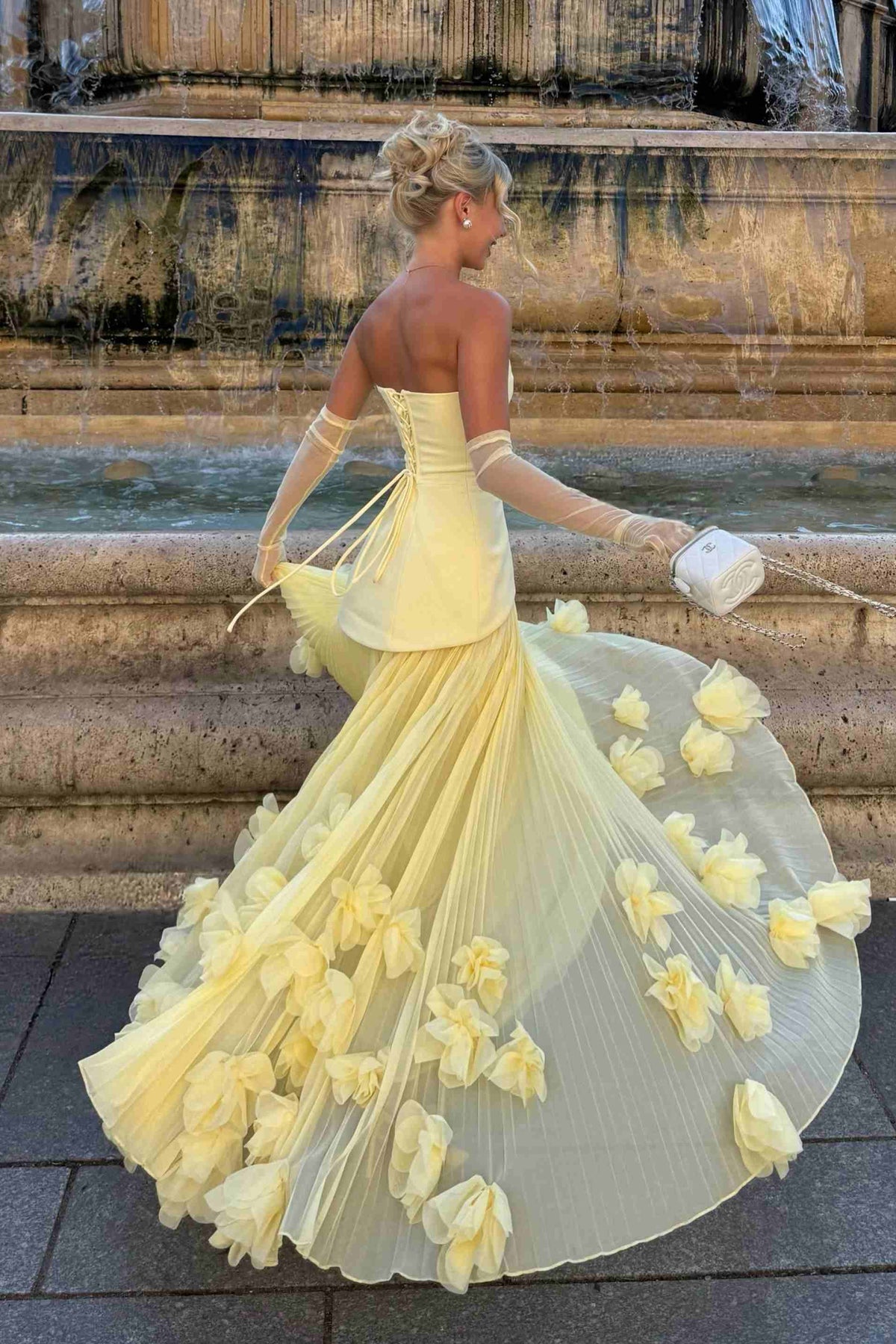 Yellow Scoop Neck Ruffles A-Line Sleeveless Long Prom Evening Dress