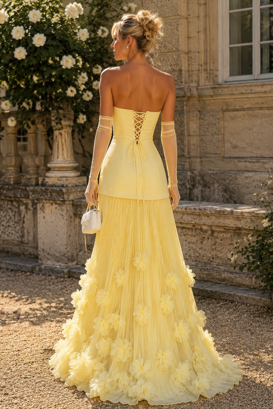Yellow Scoop Neck Ruffles A-Line Sleeveless Long Prom Evening Dress