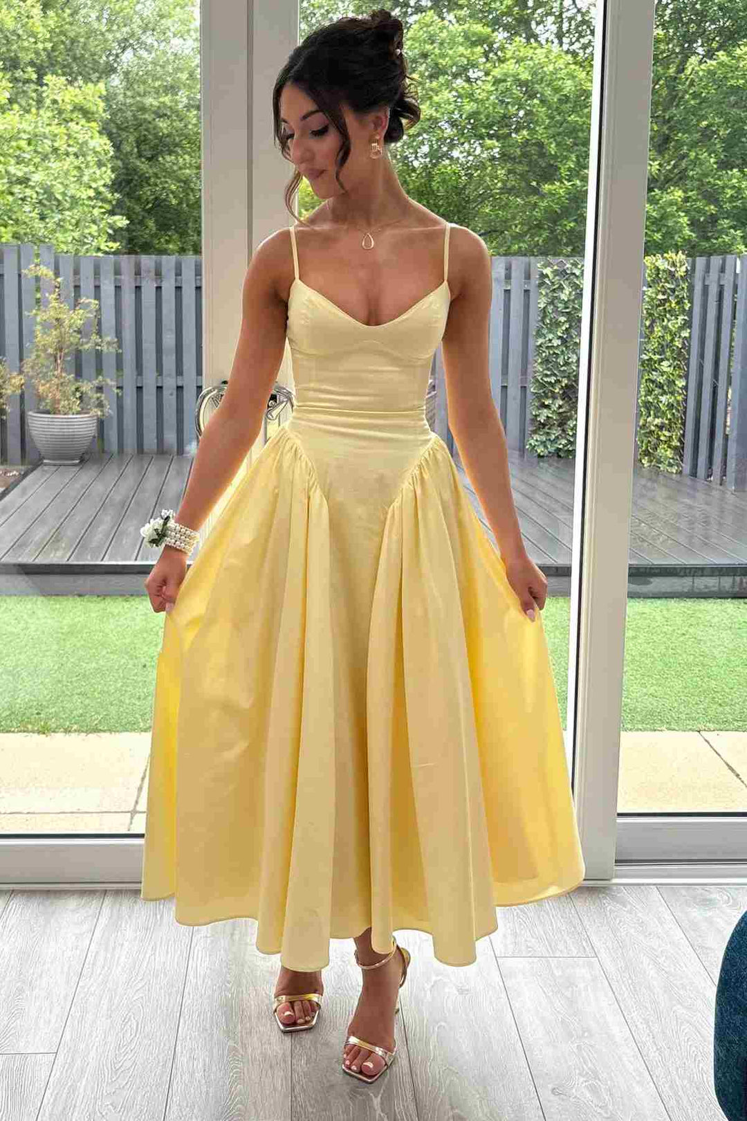 Yellow Satin Spaghetti Strap V-Neck Tea Length Formal Prom Dress
