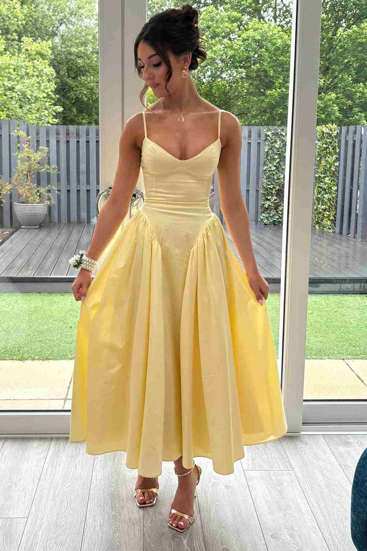 Yellow Spaghetti Strap V-Neck Empire Waist Formal Prom Dress