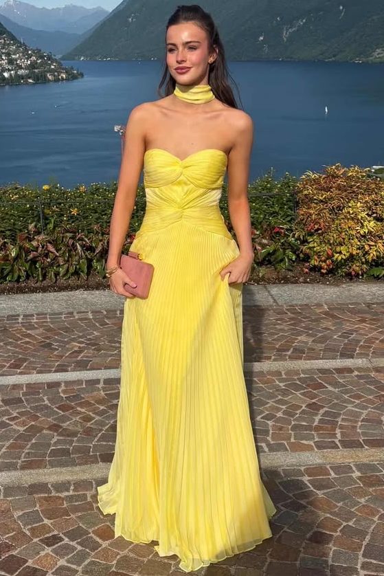 Yellow Strapless A-Line Empire-Waist Sweetheart Pleated Long Prom Dress