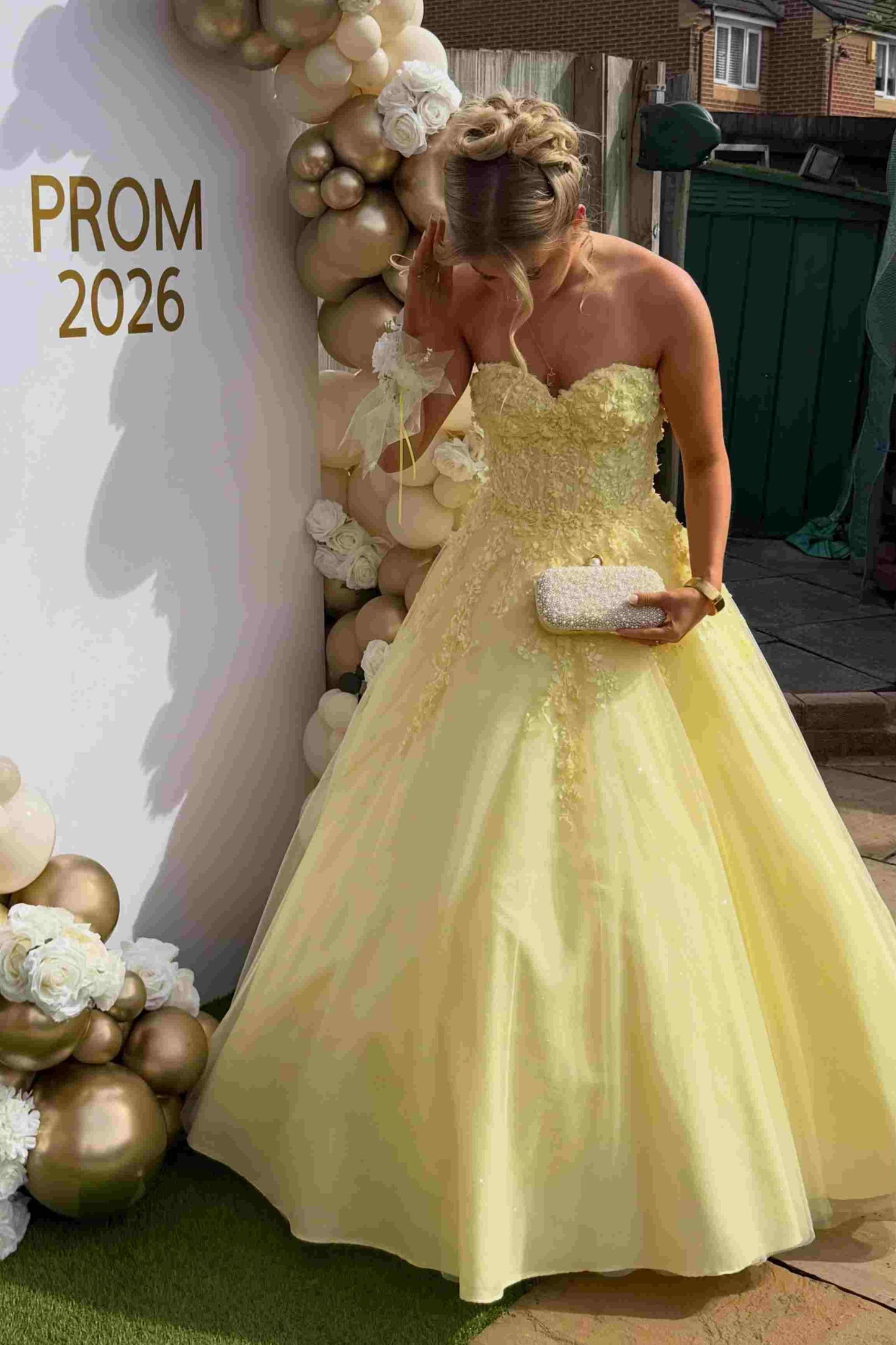 Strapless Empire-Waist Appliques A-Line Long Prom Dress in Yellow