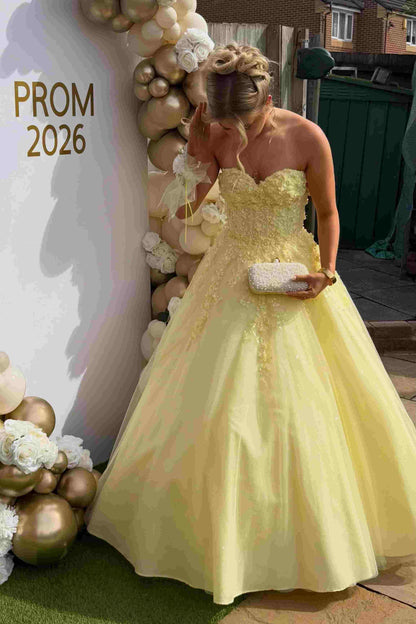 Strapless Empire-Waist Appliques A-Line Long Prom Dress in Yellow